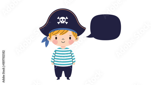 Cute cartoon character illustration of a small boy dressed in a pirate costume with a striped shirt and skull hat for children.