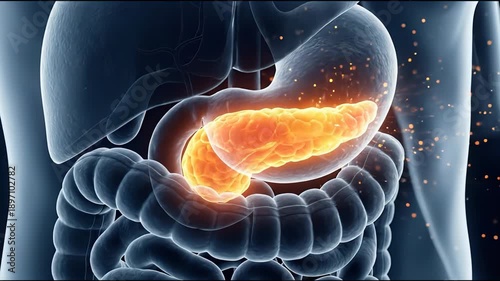3d render of human digestive system featuring glowing pancreas and stomach area, depicting anatomy, suitable for medical education, healthcare presentations, biology study, and anatomical diagrams.