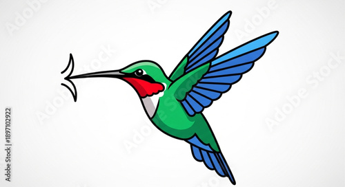 Hummingbird with long beak in flight eating nectar.