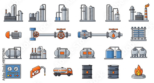 Industrial factory and equipment icons set illustration.