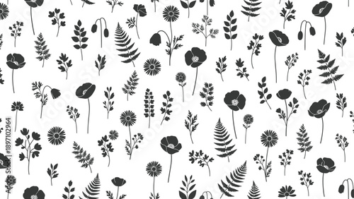 Seamless pattern of various black floral silhouettes including poppies ferns and daisies scattered on a white base.