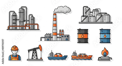 Industrial factory and oil industry icons set.