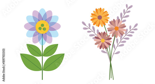 Colorful flat design flowers arrangement illustration featuring spring blossoms and green leaves