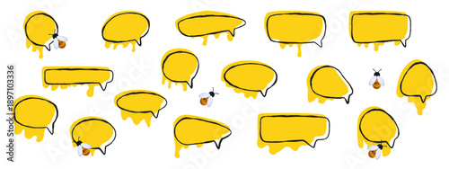 Honey speech bubble popup. Communication together, conversational form in the form of a spot of sticky, liquid honey and curved doodle lines. Dialogue message frames, chat cloud, vector frame.