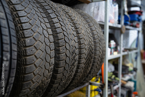 A set of winter tires in the garage