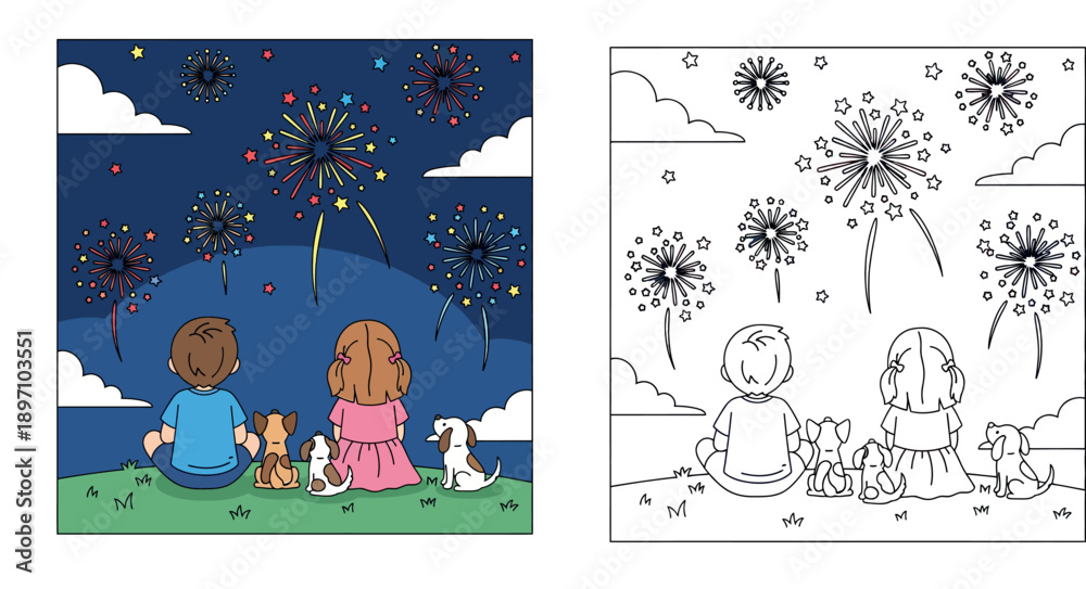 Naklejka premium Cartoon boy and girl sitting on grass with cute dogs watching colorful fireworks in the night sky, vector illustration for happy new year and holiday celebration concepts.