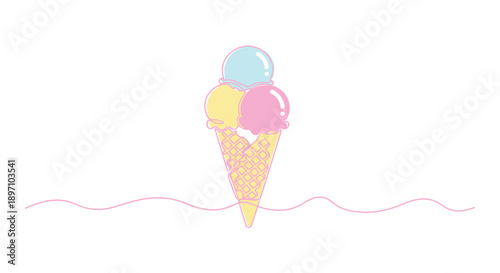 Simple continuous line art drawing of a colorful triple scoop ice cream cone