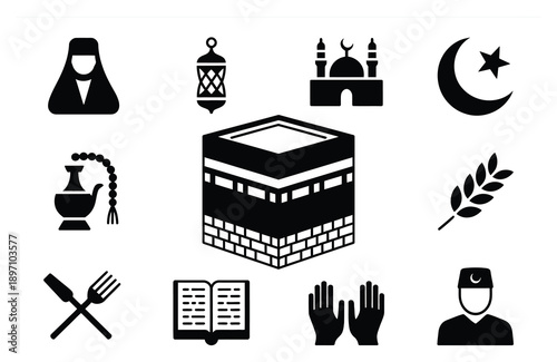 Islamic Icons: Kaaba, Mosque, Crescent Moon, Prayer, and More