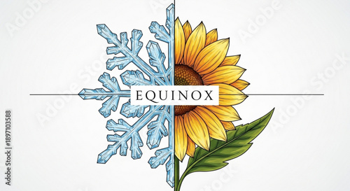 Sunflower with Snowflake and Equinox Text on White Background