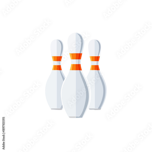 Three white bowling pins with orange stripes standing together, one fallen, on a clean surface viewed from directly above
