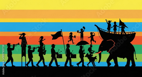 Ancient Procession with Elephant Silhouette against Rainbow Background
