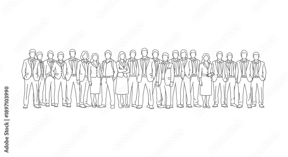 Naklejka premium business professionals a diverse team in line art standing symbolizing corporate leadership teamwork and successful modern collaboration.