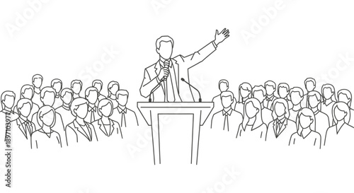 a public speaker addressing a diverse audience from a podium with a microphone communicating leadership and presentation skills at an event.