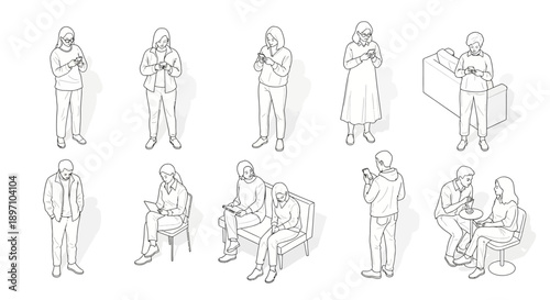 isometric line art illustration of diverse individuals and couples engaging with smartphones and tablets in modern daily life scenarios