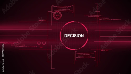 Futuristic Artificial Intelligence Decision Making Digital Interface with Red HUD Elements, Data Stream, and Automated Reasoning Concept Visualization