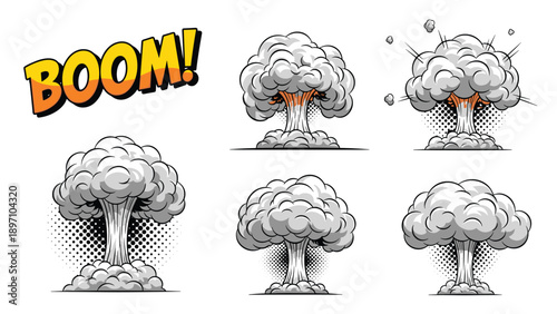 Collection of comic book style mushroom cloud explosions with boom text provides various options for dynamic action scenes.
