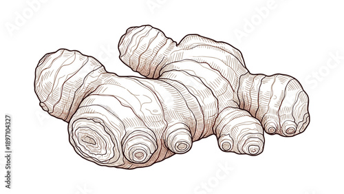 Detailed vintage style sketch of a ginger root shows realistic texture and form for culinary and healthy lifestyle themes.