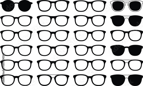 Professional Eyewear Icon Set: Minimalist Black Silhouette Collection of Modern Eyeglass Frames, Stylish Sunglasses, and Classic Spectacle Outlines