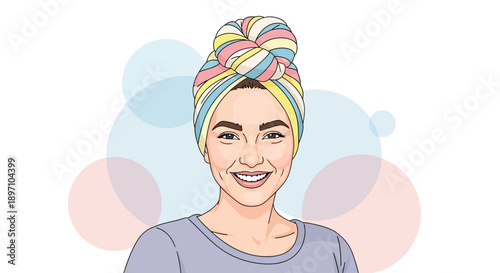 Smiling woman with colorful striped turban knot illustration against soft background