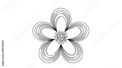 Symmetrical black line drawing of a five-petaled flower with internal lines creating a sense of depth and texture.