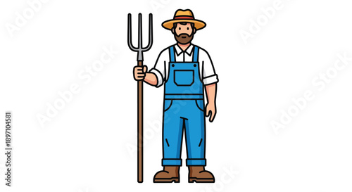 Farmer holding a pitchfork stands ready for agricultural labor on white background