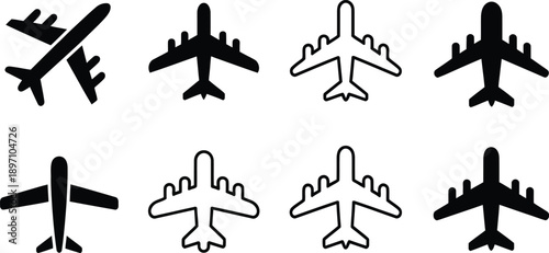 Airplane and Aviation Icon Set: Minimalist Black Silhouette and Outline Vector Collection of Commercial Aircraft, Jets, and Passenger Planes for Travel