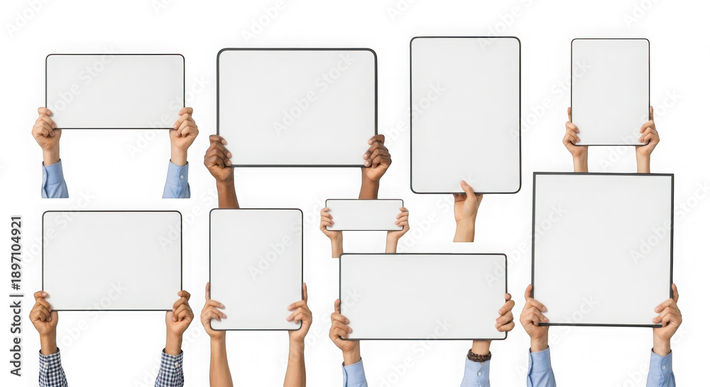 Fototapeta premium Multiple hands holding blank digital tablets isolated on transparent background