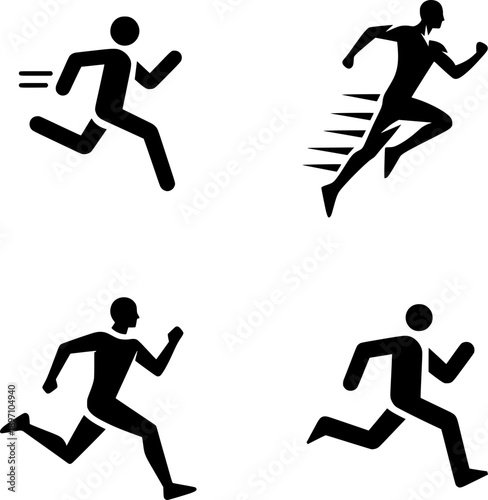Vector illustration set of people running in different poses, showing human movement and physical activity, isolated on white background.