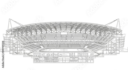 A large scale modern sports stadium architectural illustration showcasing a massive circular seating structure designed for international athletic events, professional football matches, and large publ