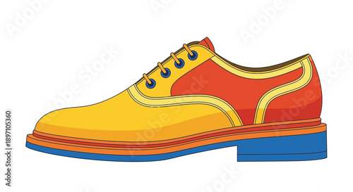 Cartoon illustration of a brightly colored yellow and red formal shoe with blue accents