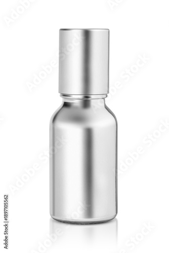 Premium silver metallic bottle isolated on white. Sleek container for essential oils, perfumes, or cosmetics for luxury product branding mock-ups