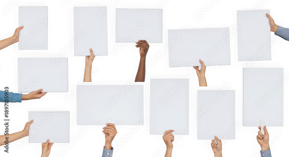 Fototapeta premium Multiple hands holding blank white cards isolated on transparent background