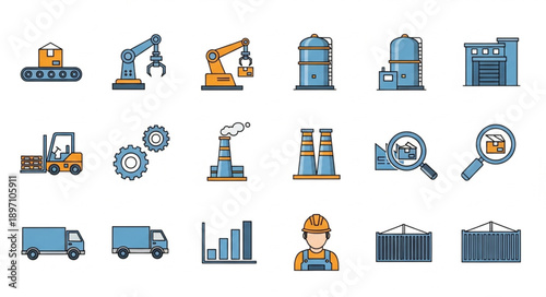 Industrial icons representing manufacturing and logistics elements.