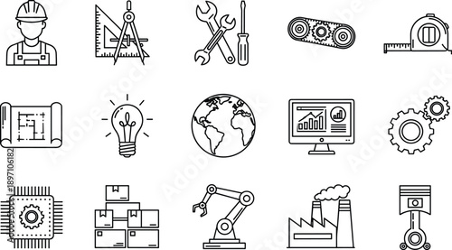 Engineering and industrial manufacturing line icons set, construction worker, robotic arm, factory, tools, blueprint, and mechanical gear vector illustration