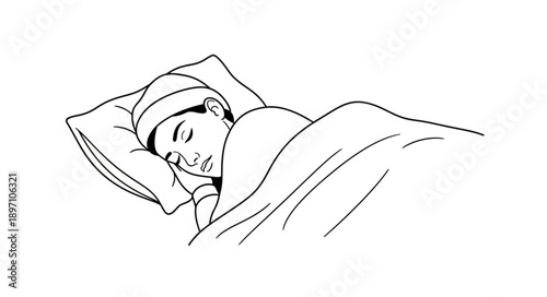 Person sleeping peacefully in bed wearing a nightcap.