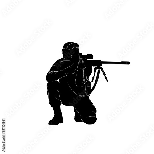 Silhouette of a Sniper Aiming with a Rifle, Ready to Fire.