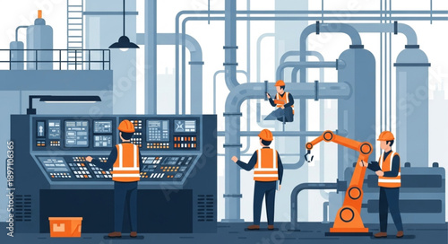 Industrial factory interior with workers and robotic arm.