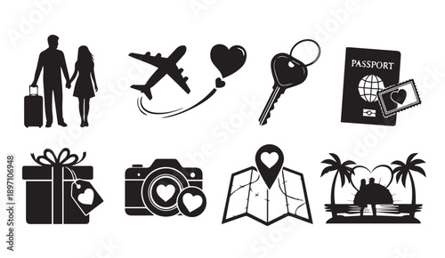 Couple Travel Icons Silhouette Vector: Romance, Adventure, Planning, Destination
