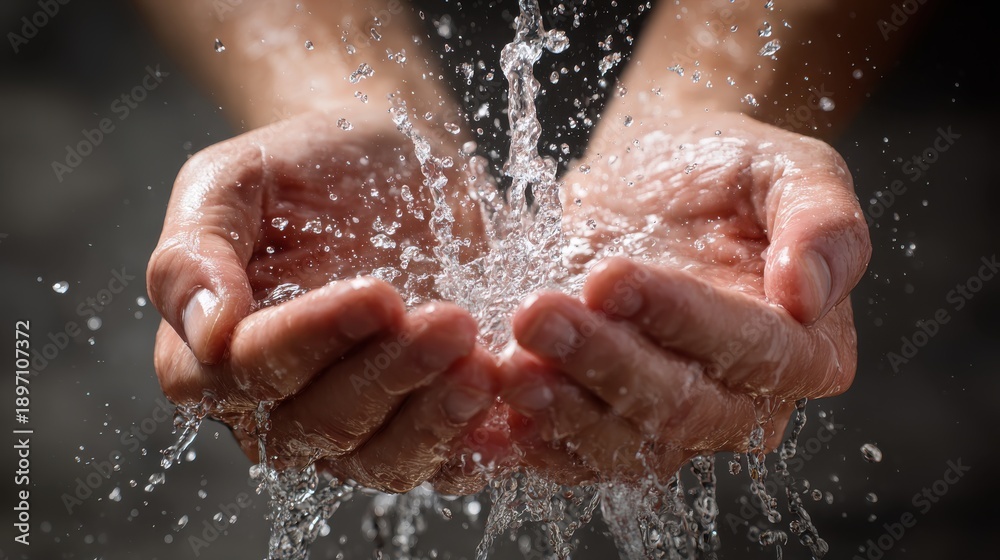 Fototapeta premium Hands cupped together receiving water for ablution (Wudu), water splashing, purity theme
