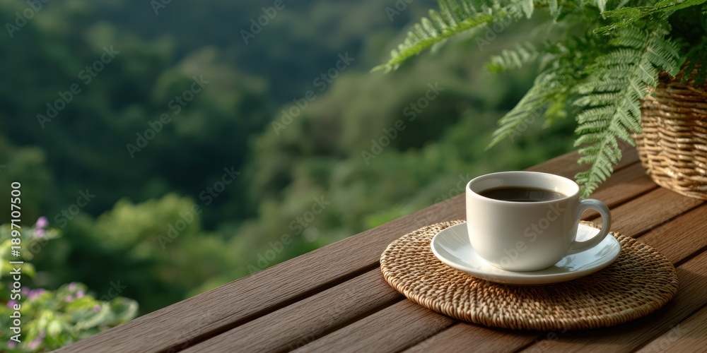 Obraz premium White Coffee Cup on Wooden Terrace Overlooking Lush Green Tropical Valley Landscape Serene Morning Lifestyle Concept