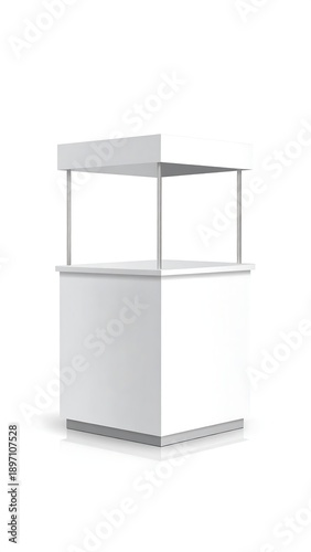 A clean, white, geometric rendering of a retail stand with a canopy. It's isolated on white, suggesting product display or event use