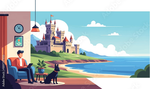 Man works on laptop with dog by his side, overlooking a castle by the sea