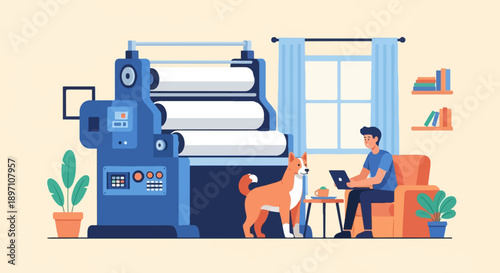 Man works on laptop with dog by printing machine in cozy room
