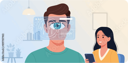 Man's eye analyzed with digital overlay, woman holds smartphone nearby