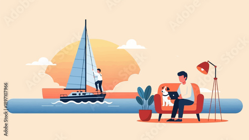 Man works on laptop with dog, sailboat at sea with person climbing