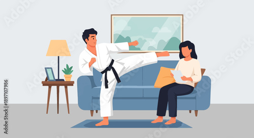 Martial artist practicing kicks in a living room while a woman sits on the sofa