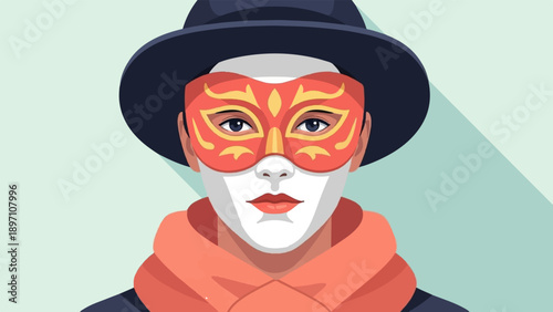 Masked individual in hat and scarf, vector art style