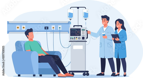 Medical professionals attending to a patient undergoing treatment with a dialysis machine