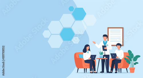 Medical professionals discussing results with patients in a modern office