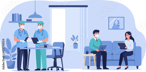 Medical professionals consult with patients in a waiting room